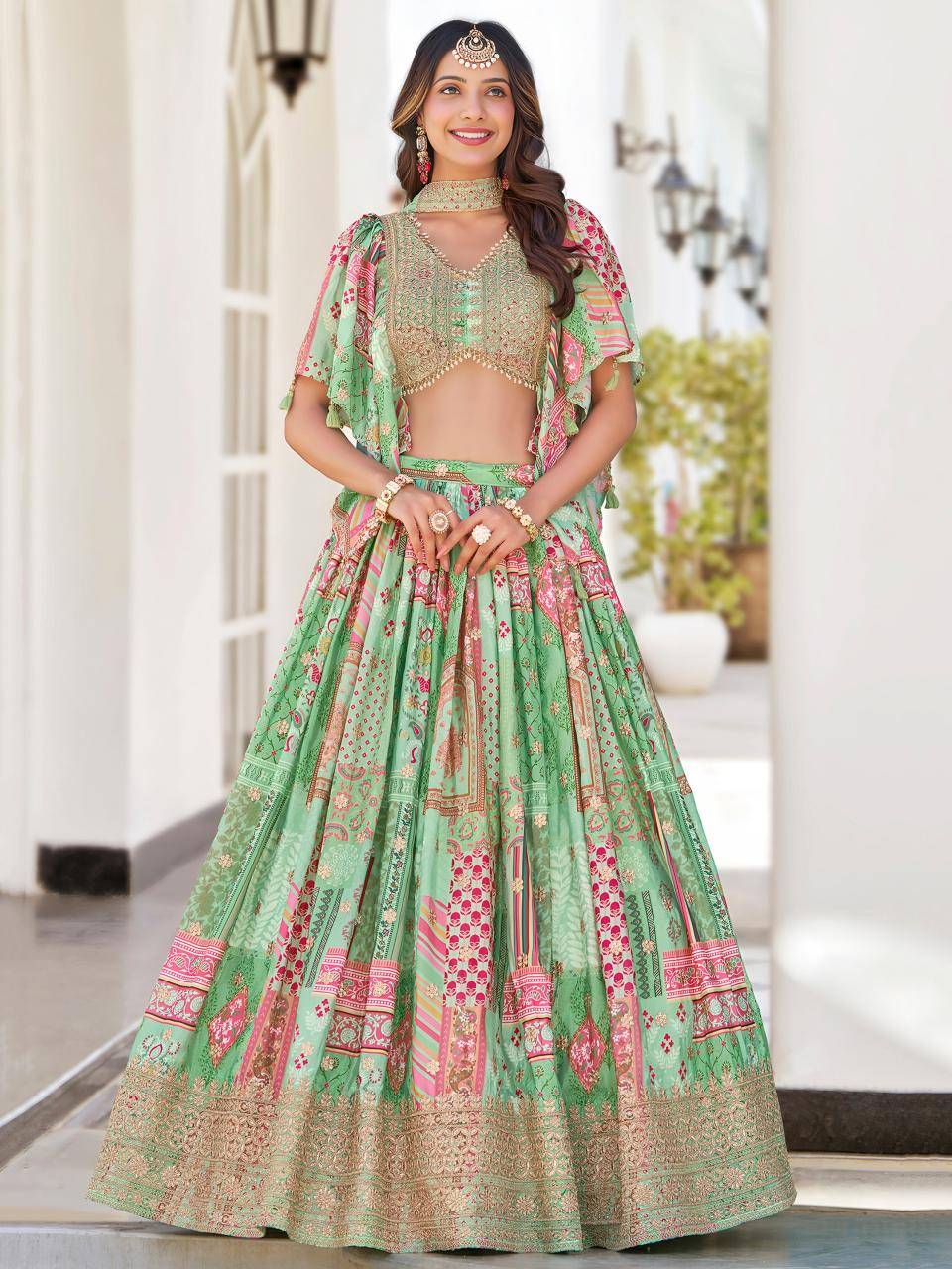 Queen Multicolor Chinnon Silk Green Lehenga choli supplier directory